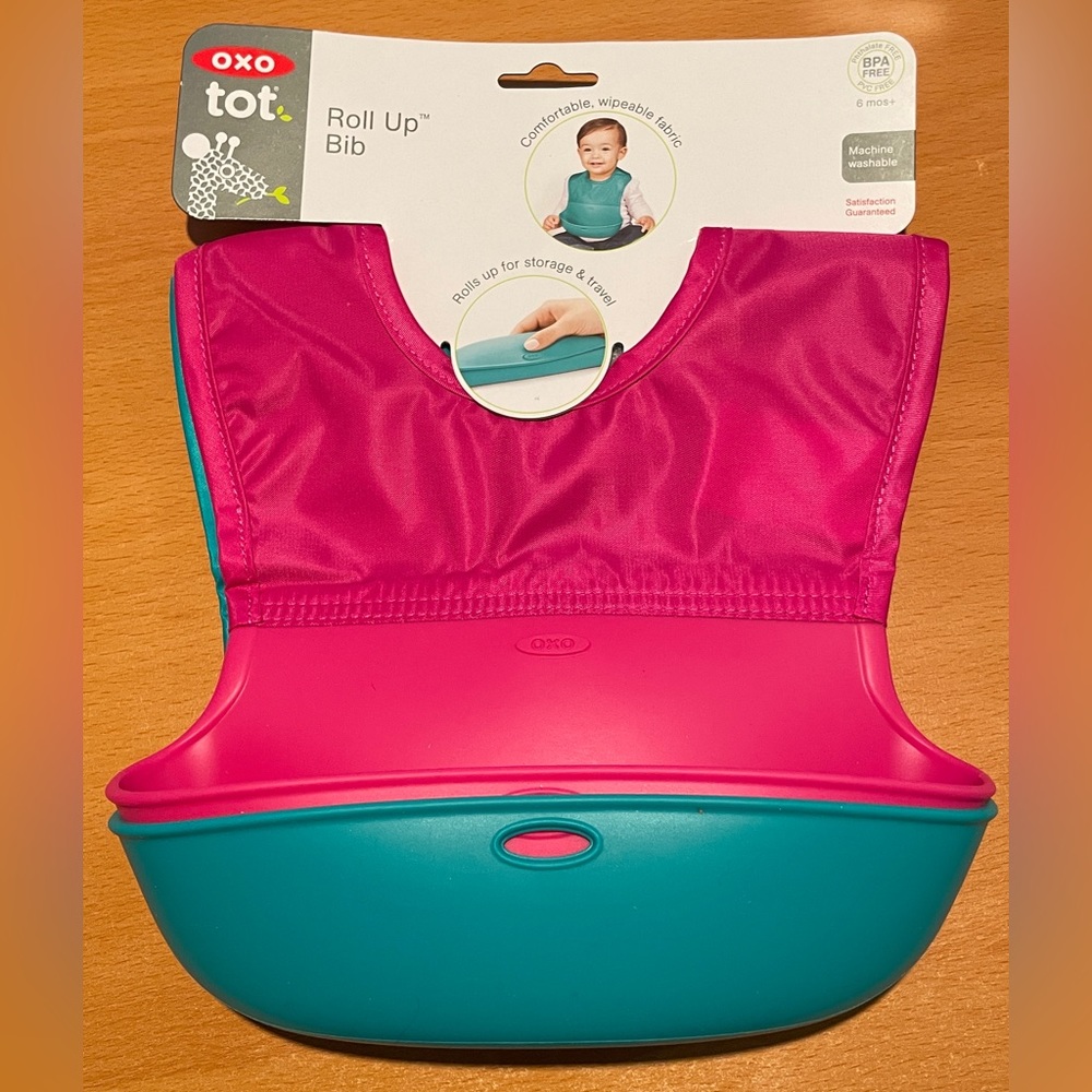 NEW OXO Tot Roll-Up Bib 2 Pack - Pink/Teal